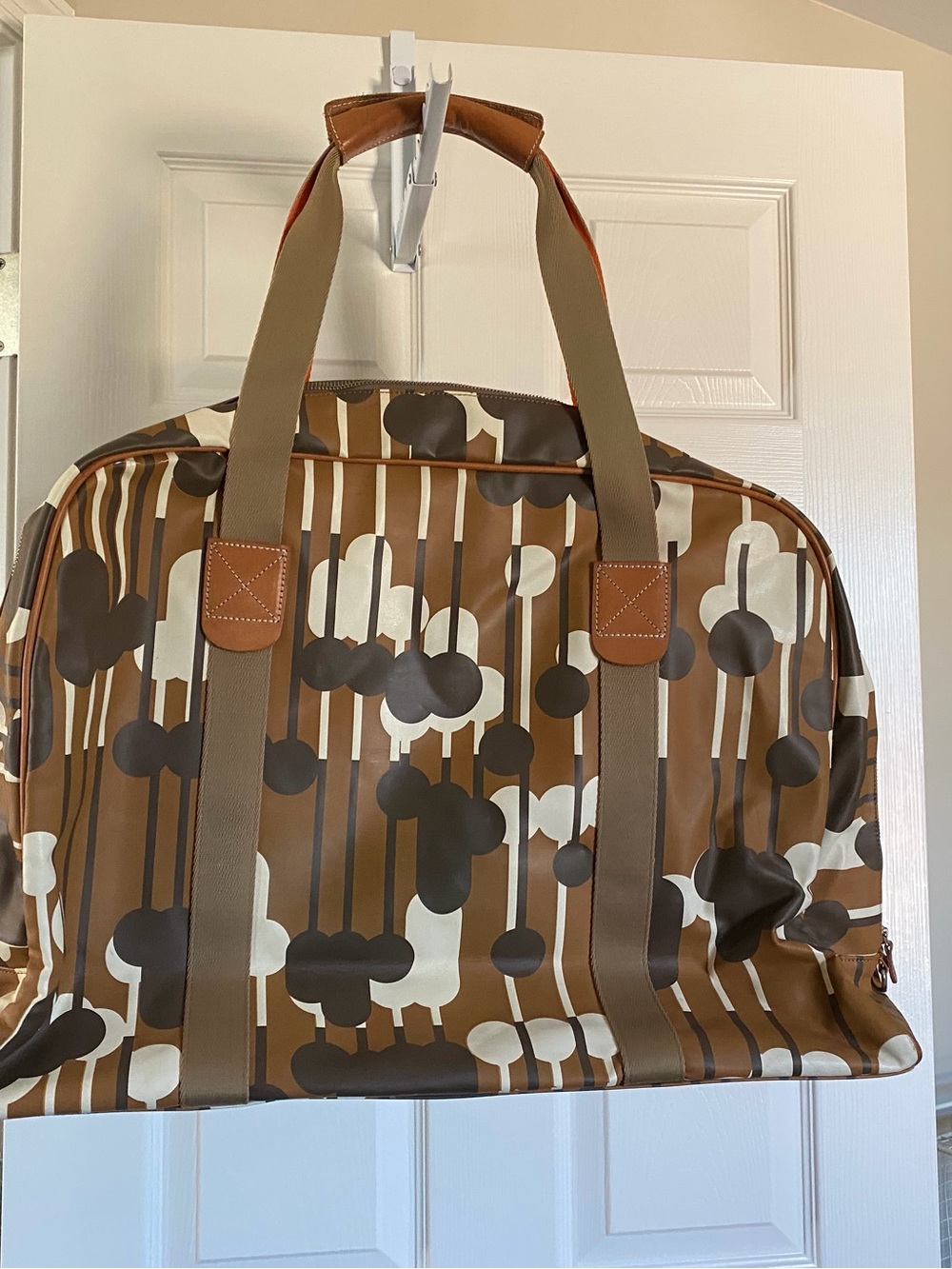 Orla Kiely Brown and Cream Graphic-Print Duffel Bag